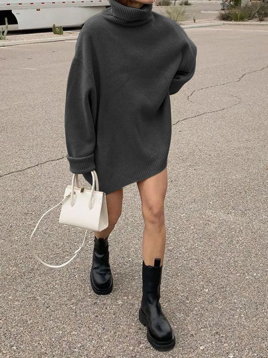 Solid Color High Neck Loose Knit Dress