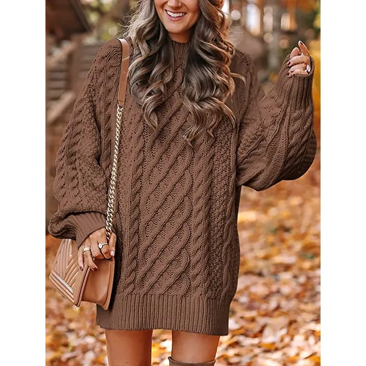 TastyHottie - Women Crewneck Long Sleeve Oversized Cable Knit Chunky Pullover Short Sweater Dresses